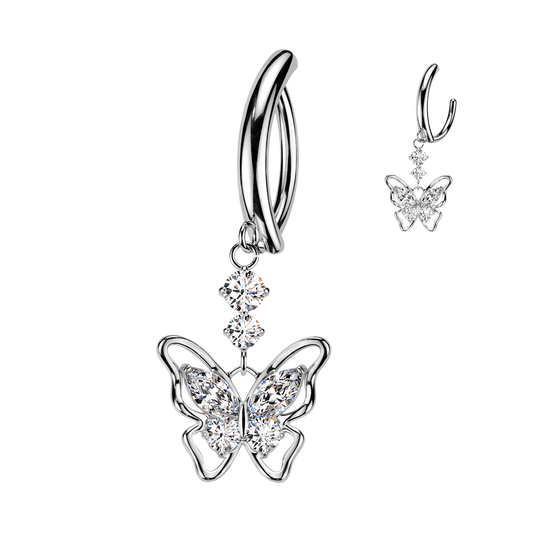 Gem Butterfly Dangle Hinged Clicker Silver Belly Button Bar