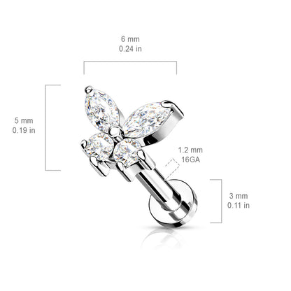 Gem Butterfly Internally Threaded Flat Back Stud 16g