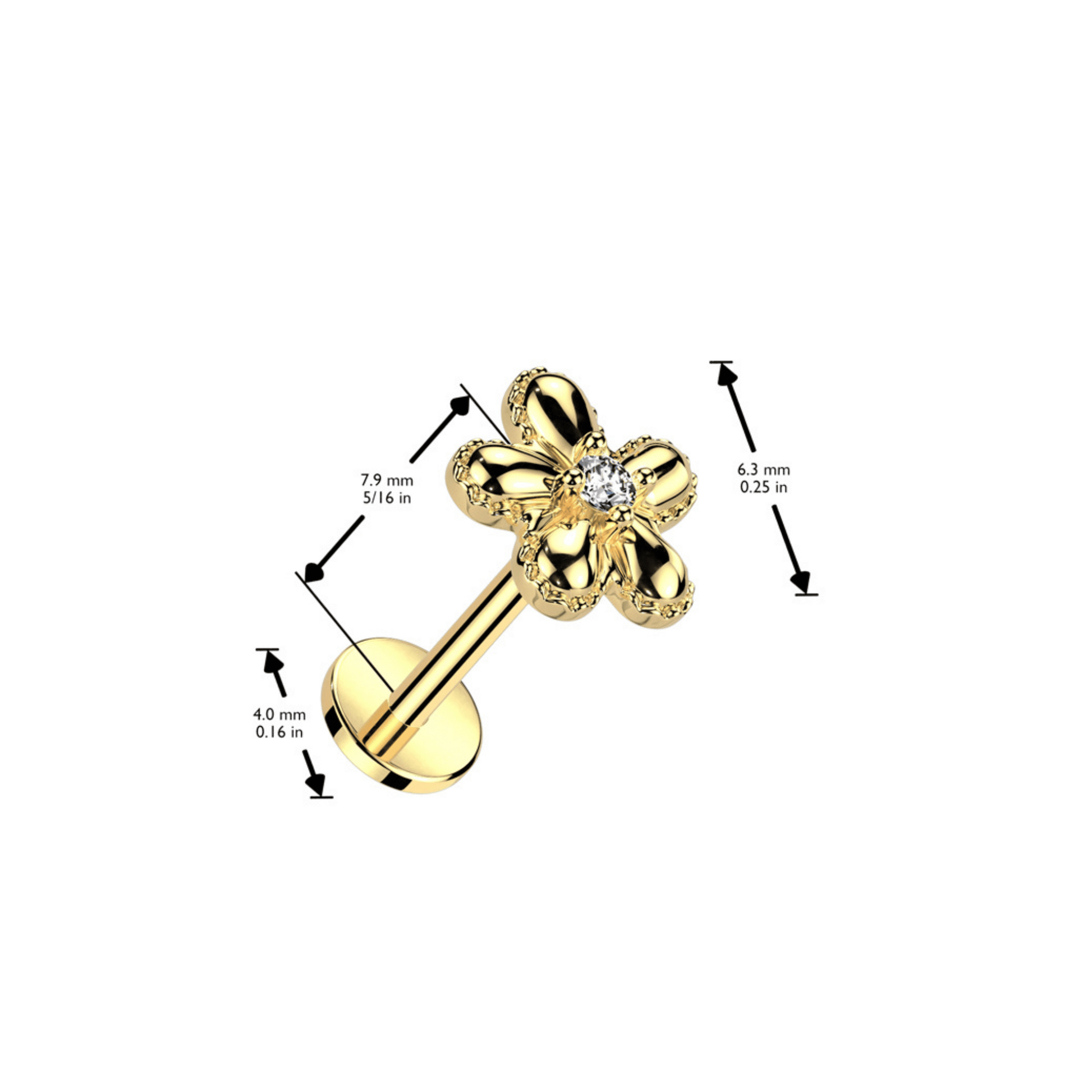 Gem centre flower push in flat back stud measurements