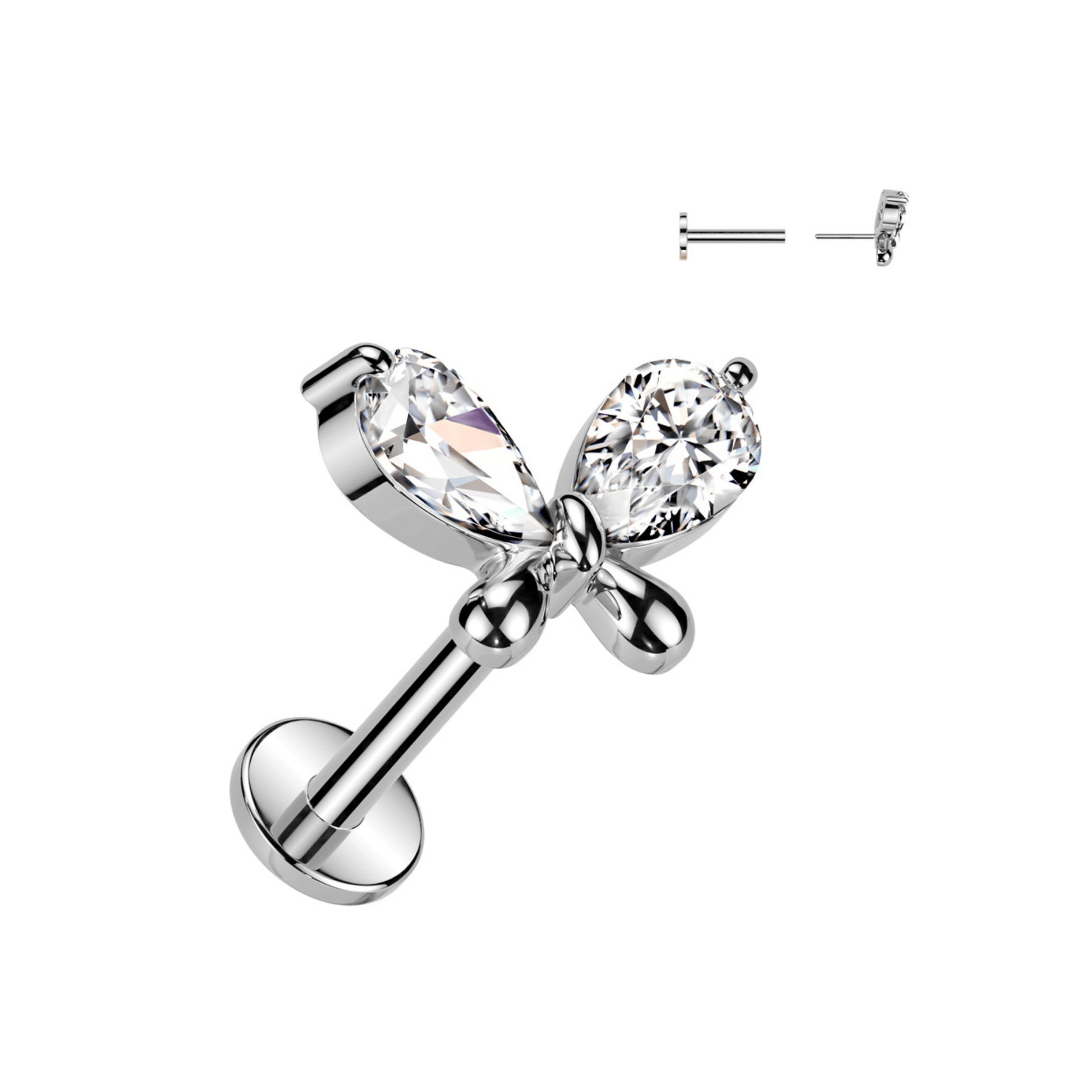 Gem silver butterfly threadless push in flat back stud