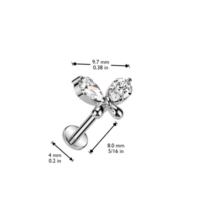 Gem silver butterfly threadless push in flat back stud dimesions