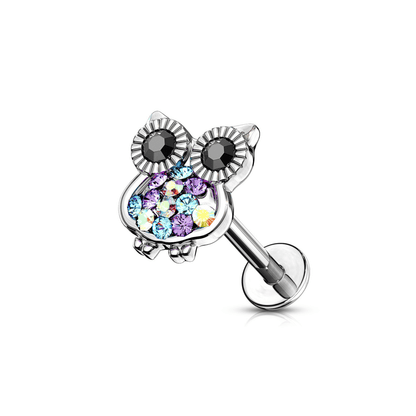 Gemmed Owl Flat Back Stud Piercing Bar