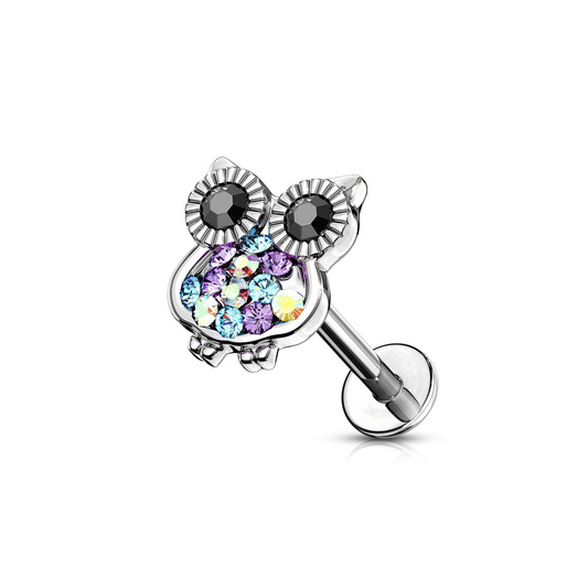 Gemmed Owl Flat Back Stud Piercing Bar