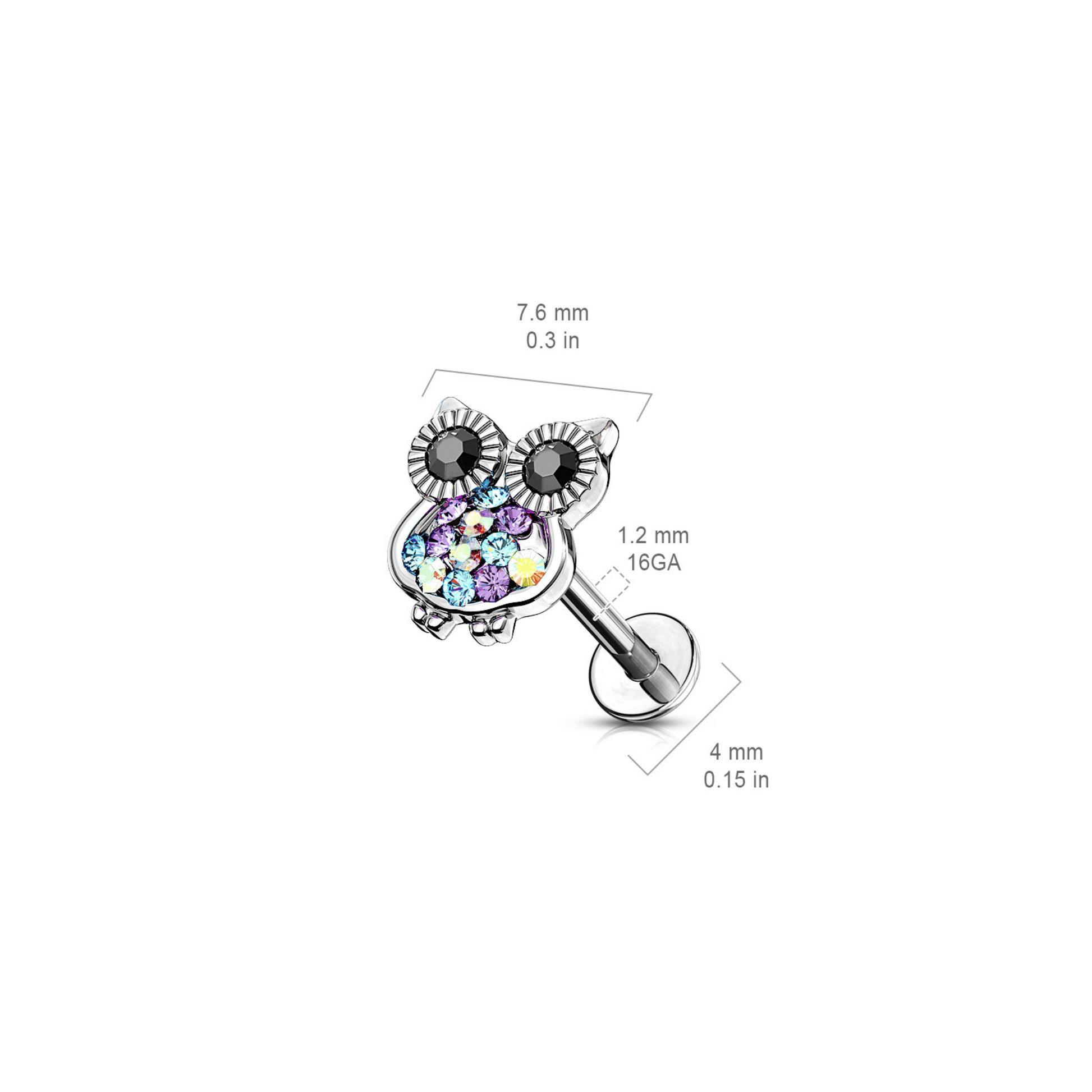 Gemmed Owl Flat Back Stud Piercing Bar Dimensions