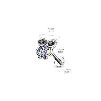 Gemmed Owl Flat Back Stud Piercing Bar Dimensions