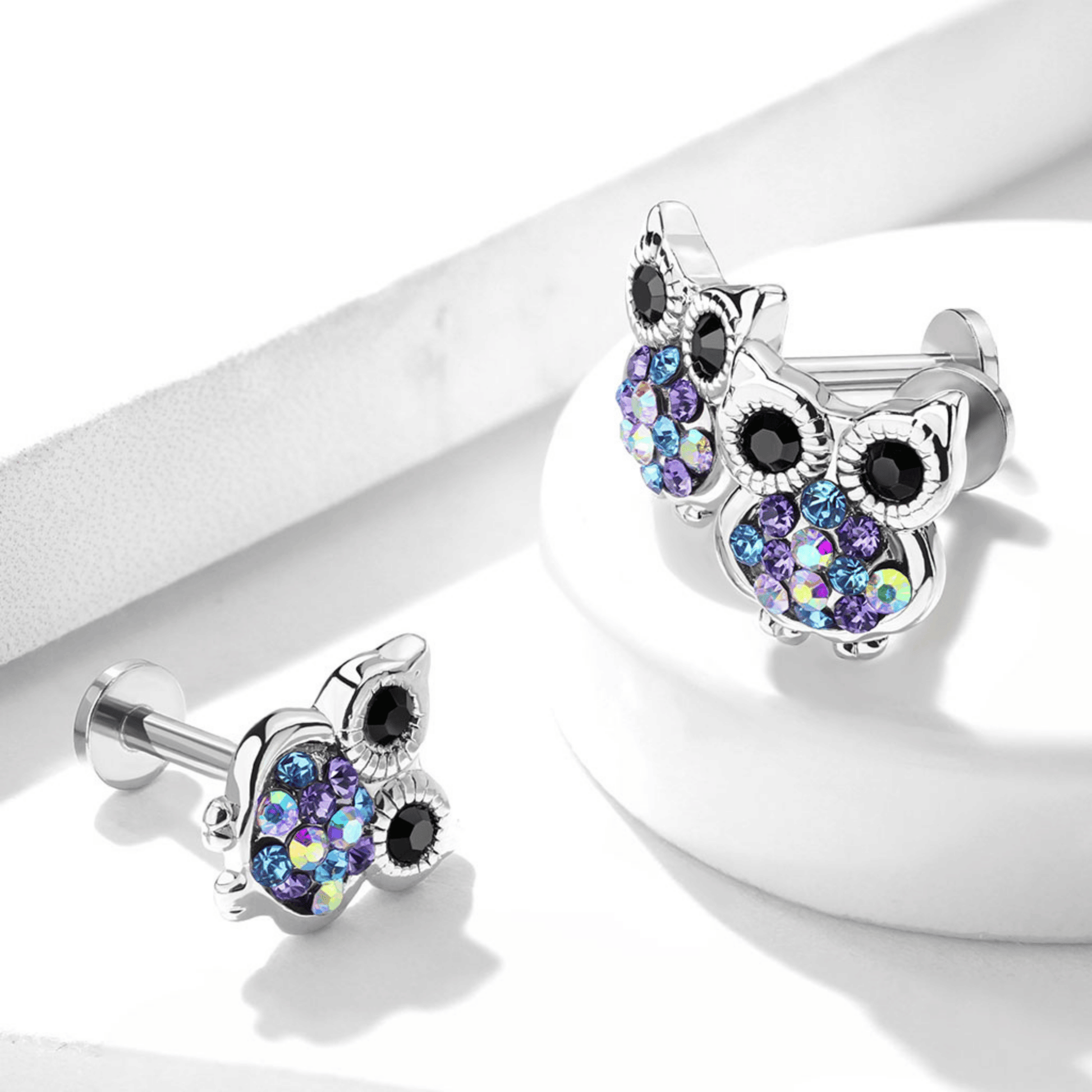 Gemmed Owl Flat Back Stud Piercing Bar Display