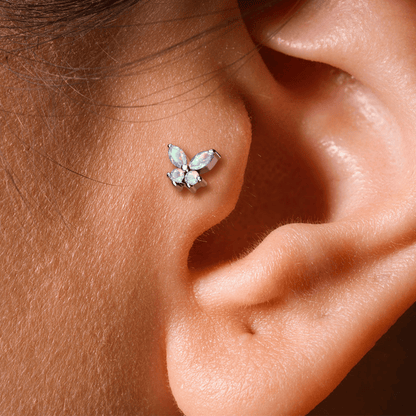 Gemmed butterfly flat back stud piercing bar worn
