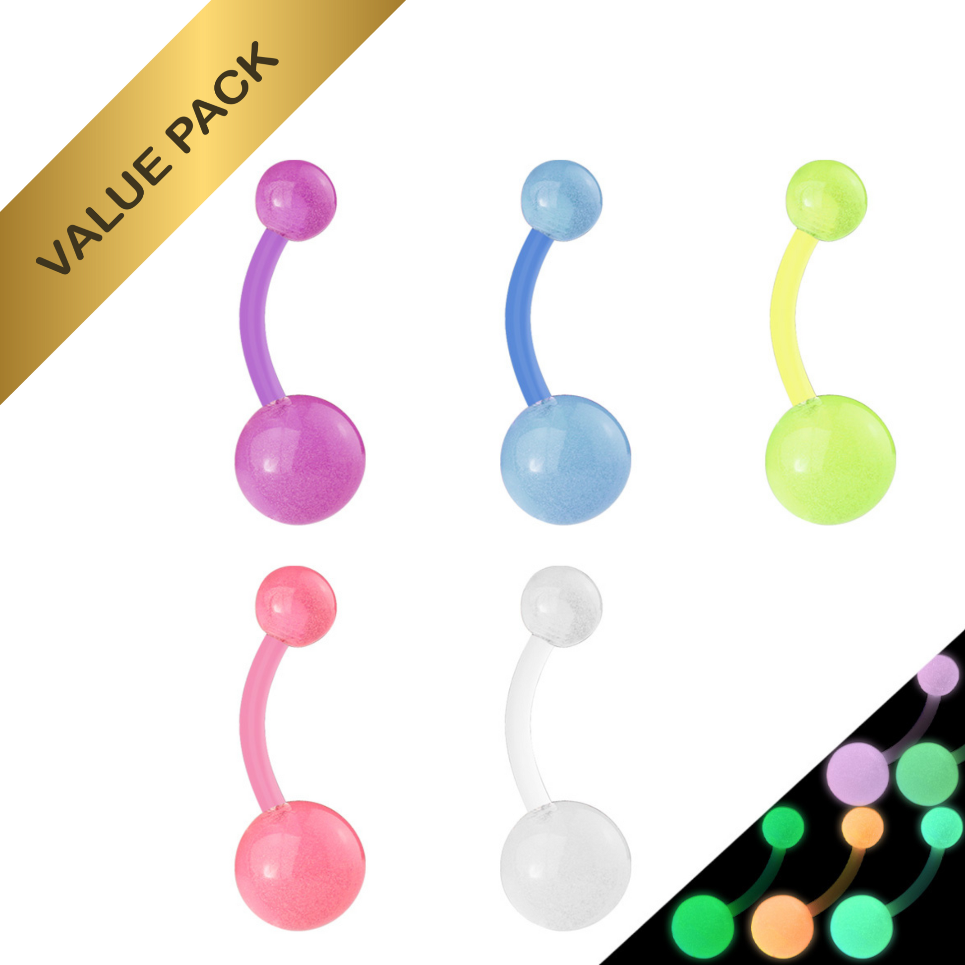 Glow in the Dark Acrylic Ball BioFlex Belly Button Bars Bulk Value Pack