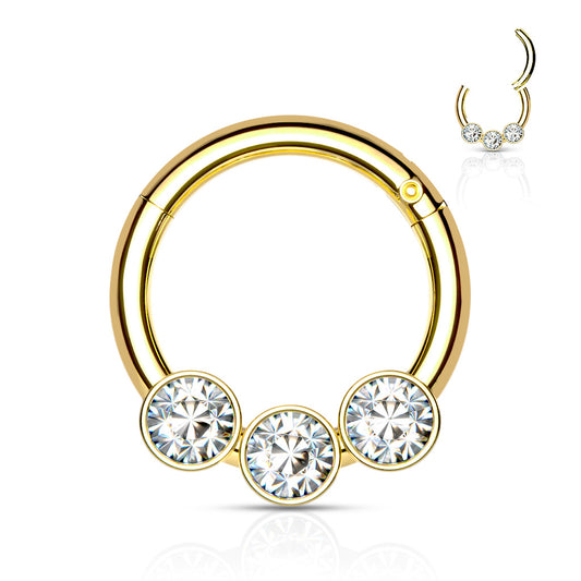 Gold 3 Bezel Set Clear Gems Hinged Clicker Ring 16g