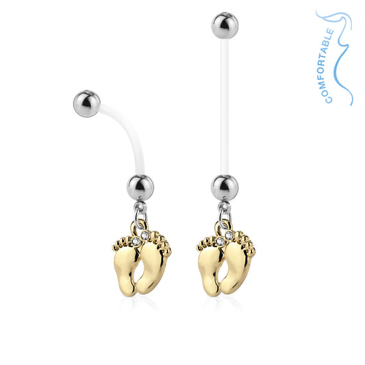 Gold Baby Feet Dangle Flexible Pregnancy Belly Button Retainer