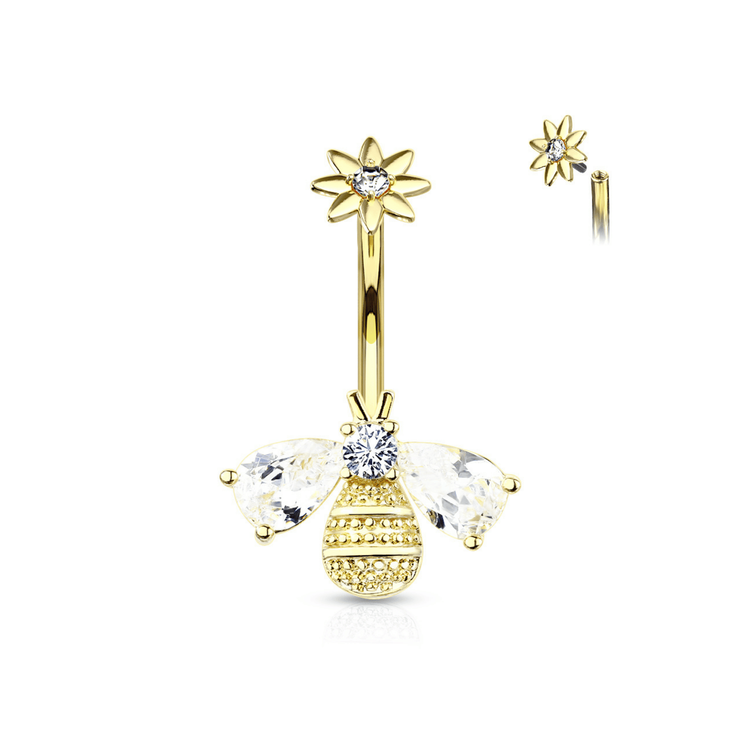 Gold Bee With Flower Top Internally Threaded Navel Bar