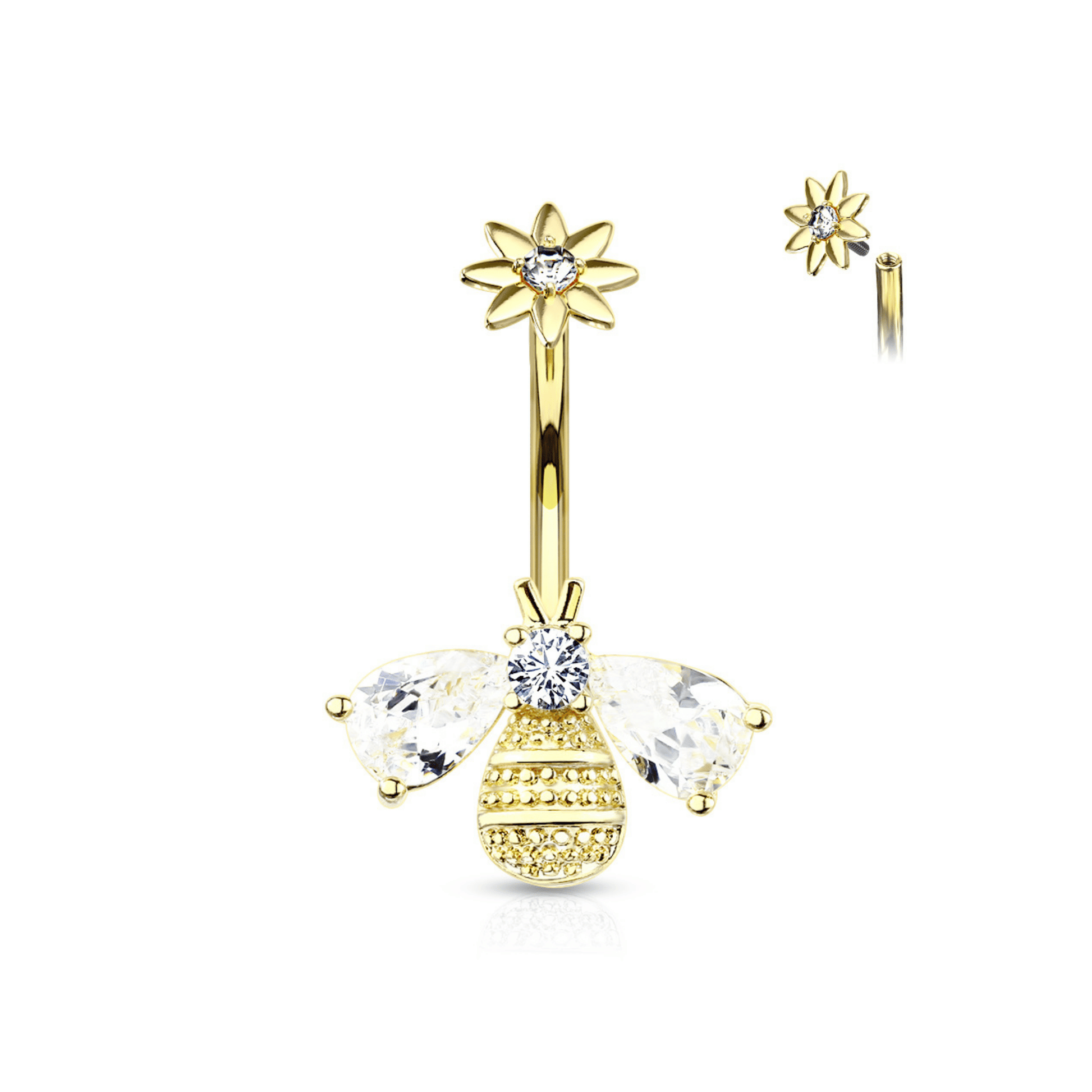 Gold Bee With Flower Top Internally Threaded Navel Bar