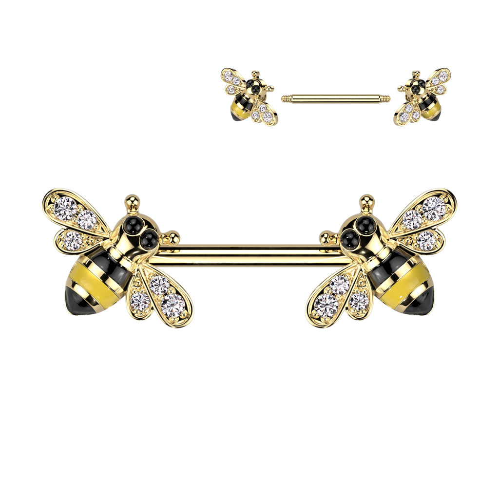 Gold Bumble Bee Gem Nipple Bar 14g