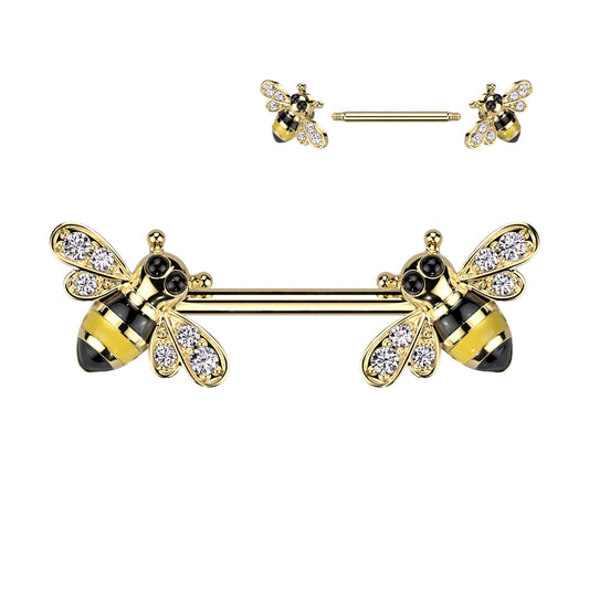 Gold Bumble Bee Gem Nipple Bar 14g