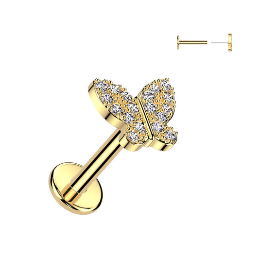 Gold CZ Butterfly Threadless Flat Back Stud 18g-16g