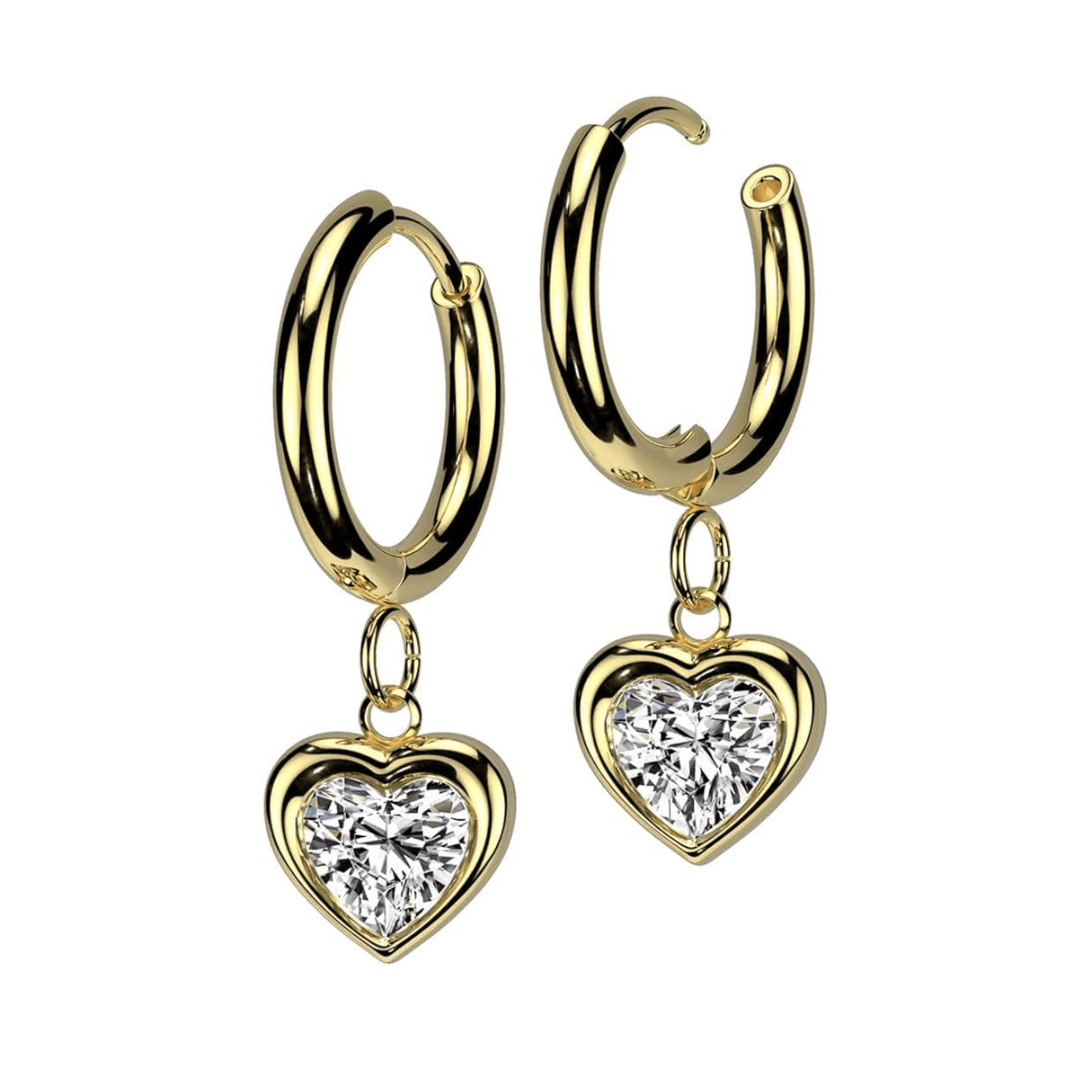 Gold CZ Heart Dangle Hoop Earrings