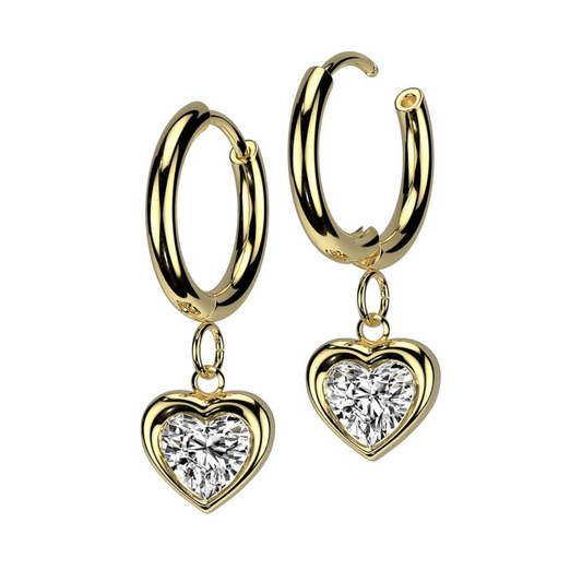 Gold CZ Heart Dangle Hoop Earrings