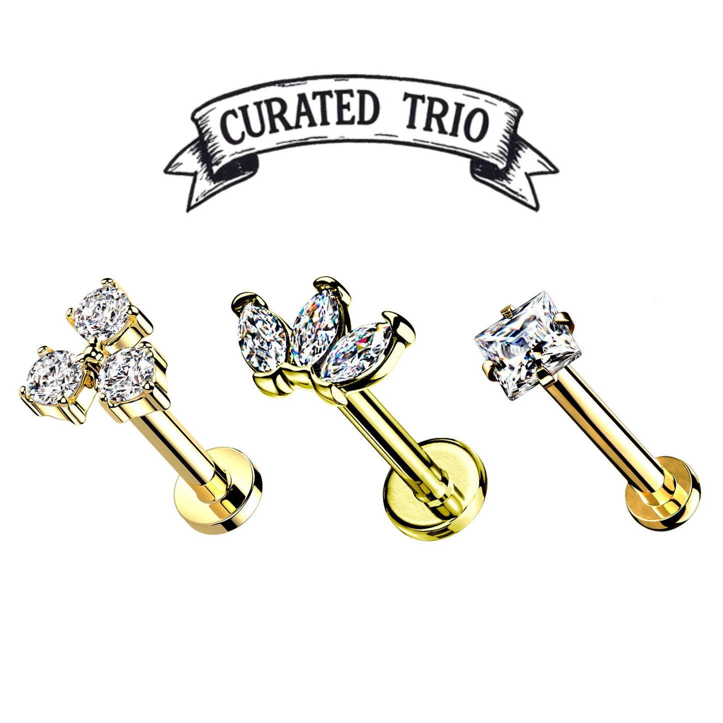 Three gold barbell earrings with clear gemstones on a white background, featuring 'Curated Trio' branding.