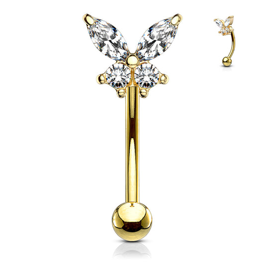 Gold Clear Gem Butterfly Curved Piercing Barbell 16g
