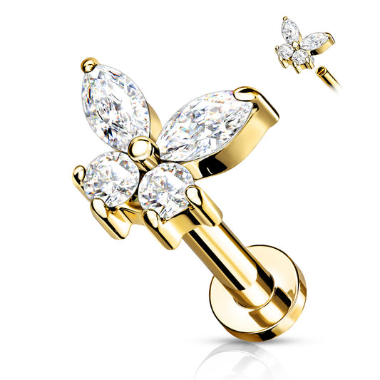 Gold Clear Gem Butterfly Internally Threaded Flat Back Stud 16g