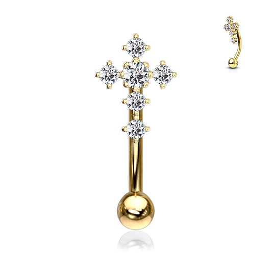 Gold Clear Gem Cross Curved Piercing Barbell 16g