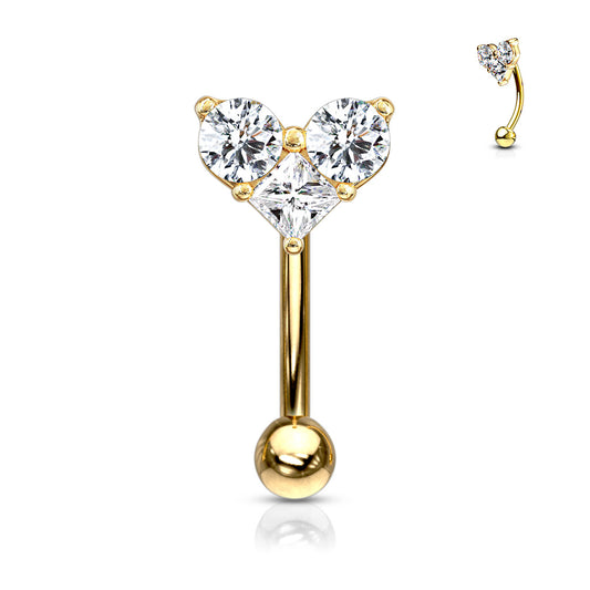 Gold Clear Gem Heart Curved Piercing Barbell 16g