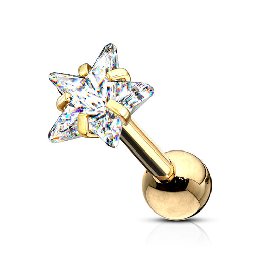 Gold Clear Gem Star Cartilage Earring Bar 16g