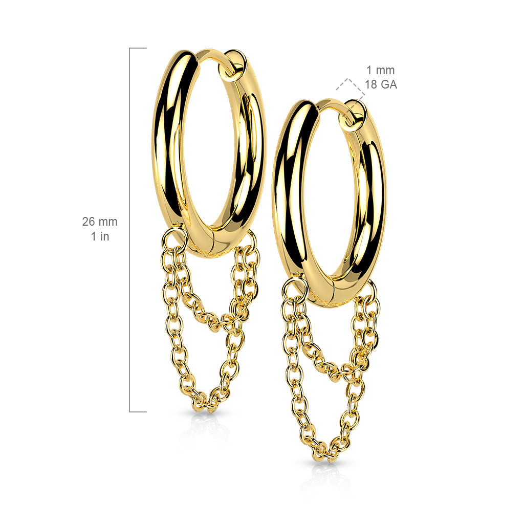 Gold Double Chain Dangle Hinged Clicker Hoop Earrings