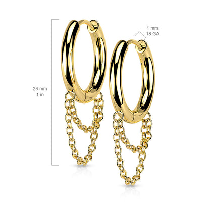 Gold Double Chain Dangle Hinged Clicker Hoop Earrings