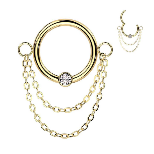 Gold Double Chain Gem Hinged Clicker Ring 16g