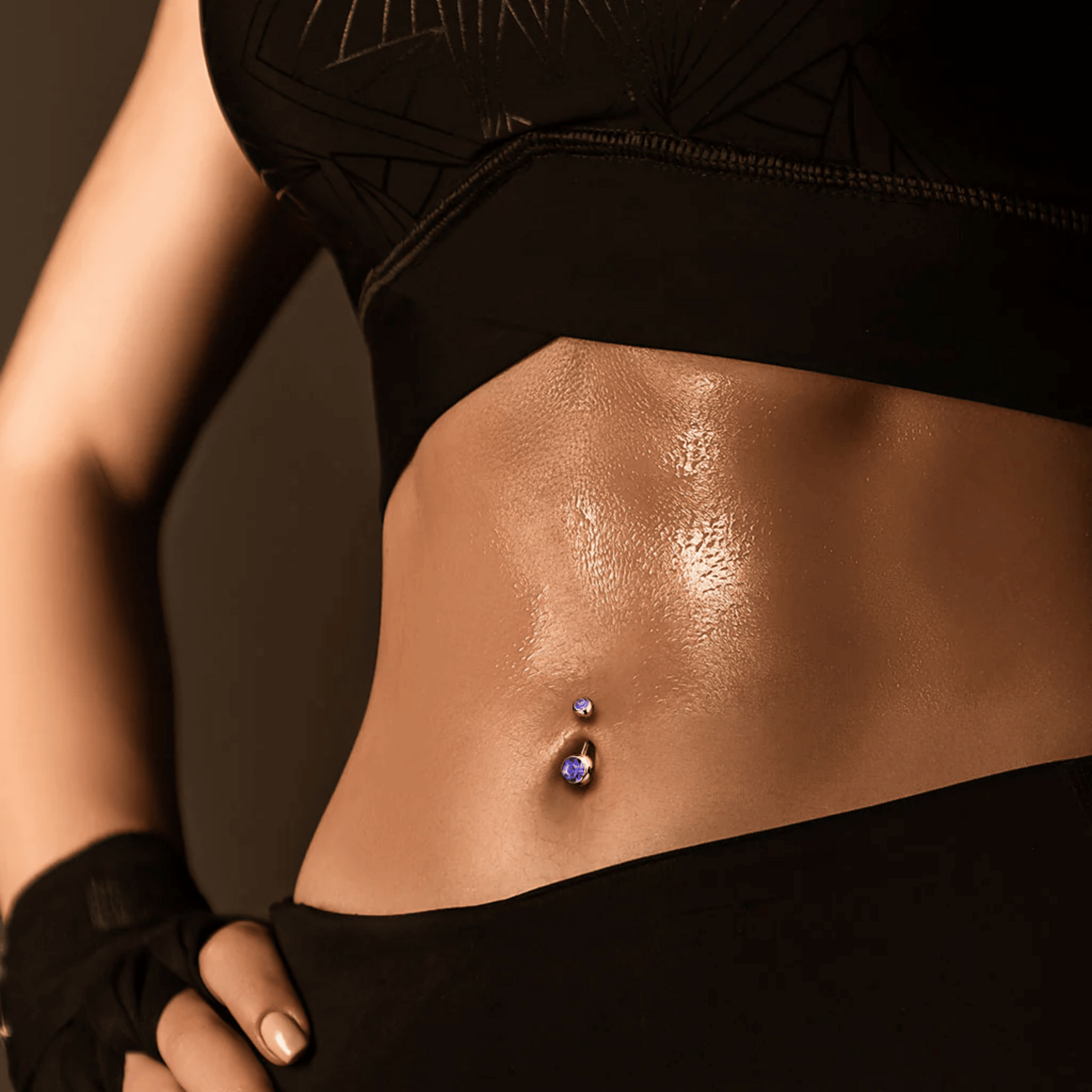 Gold Double Gem Navel Bar 14