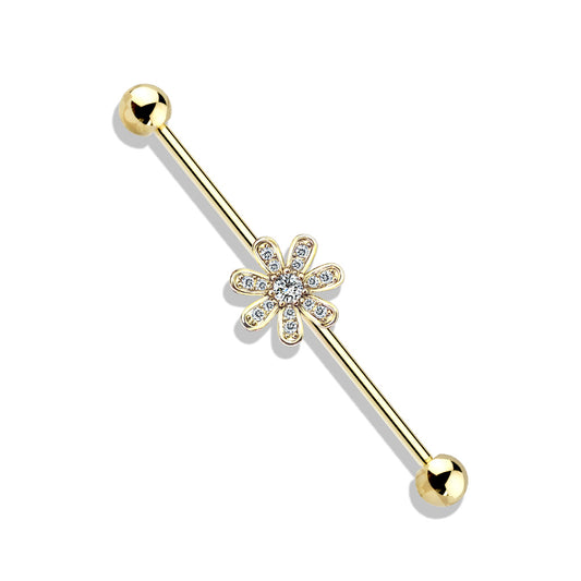 Gold Gem Flower Steel Industrial Barbell 14g