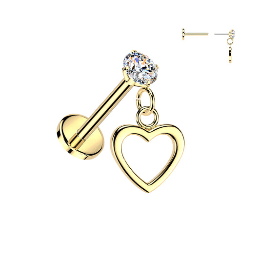 Gold Heart Dangle Threadless Flat Back Stud 18g-16g