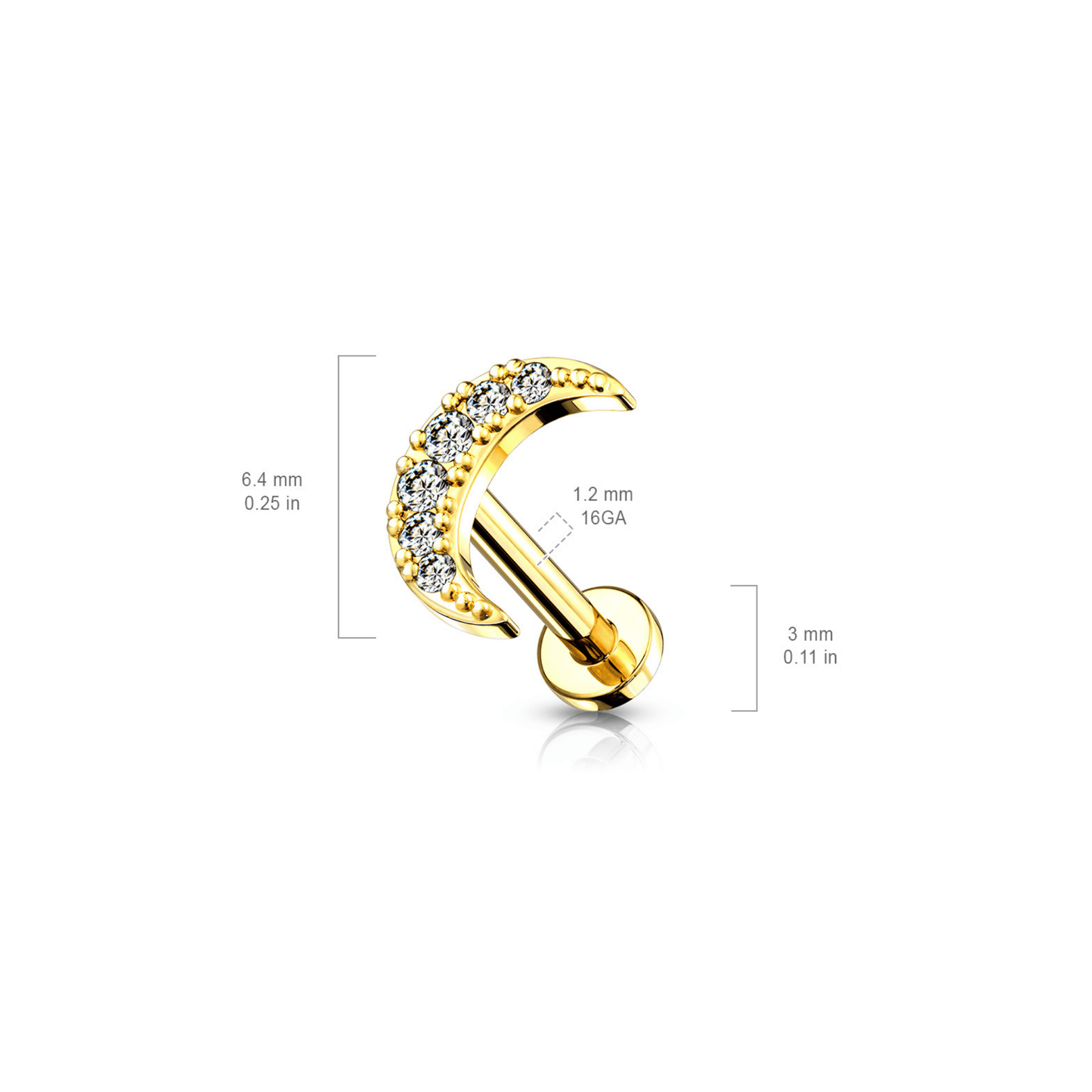 Gold IP Crescent Moon Internally Threaded Flat Back Stud dimensions
