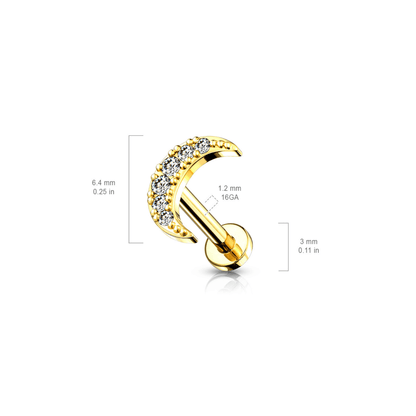 Gold IP Crescent Moon Internally Threaded Flat Back Stud dimensions