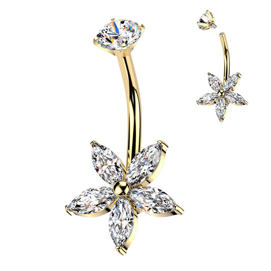 Gold Marquise Flower Gem Belly Button Bar 14g