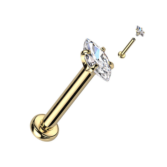 Gold Marquise Gem Internally Threaded Flat Back Stud 16g
