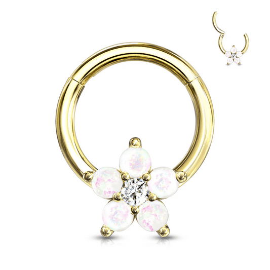Gold Opal Glitter Flower Hinged Clicker Ring 16g