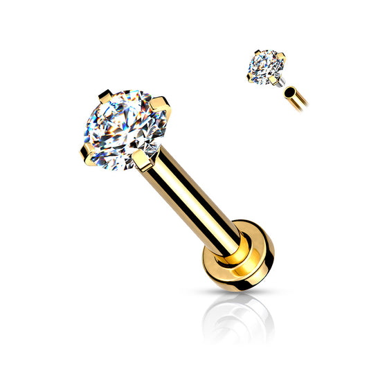 Gold Prong Set Clear Gem Flat Back Earring