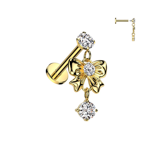 Gold Ribbon Gem Dangle Flat Back Stud 16g