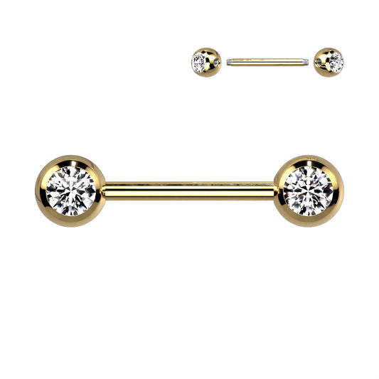 Gold Steel Titanium IP Clear Gem Nipple Bar 14g
