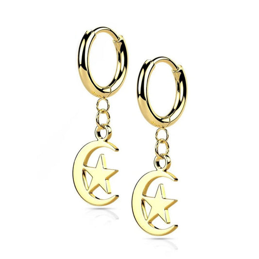 Gold Surgical Steel Moon & Star Dangle Earrings (pair)