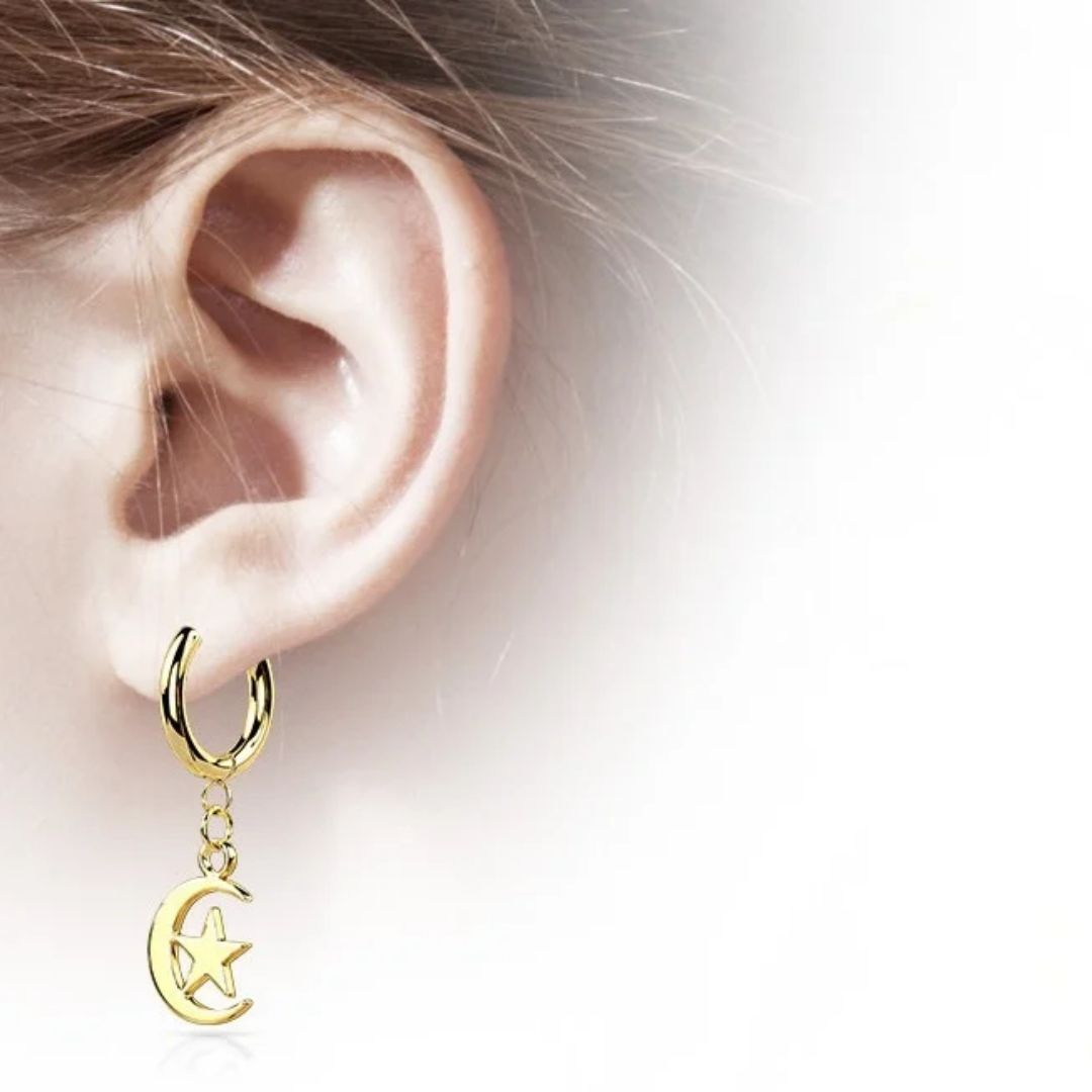 Gold Surgical Steel Moon & Star Dangle Earrings (pair) model