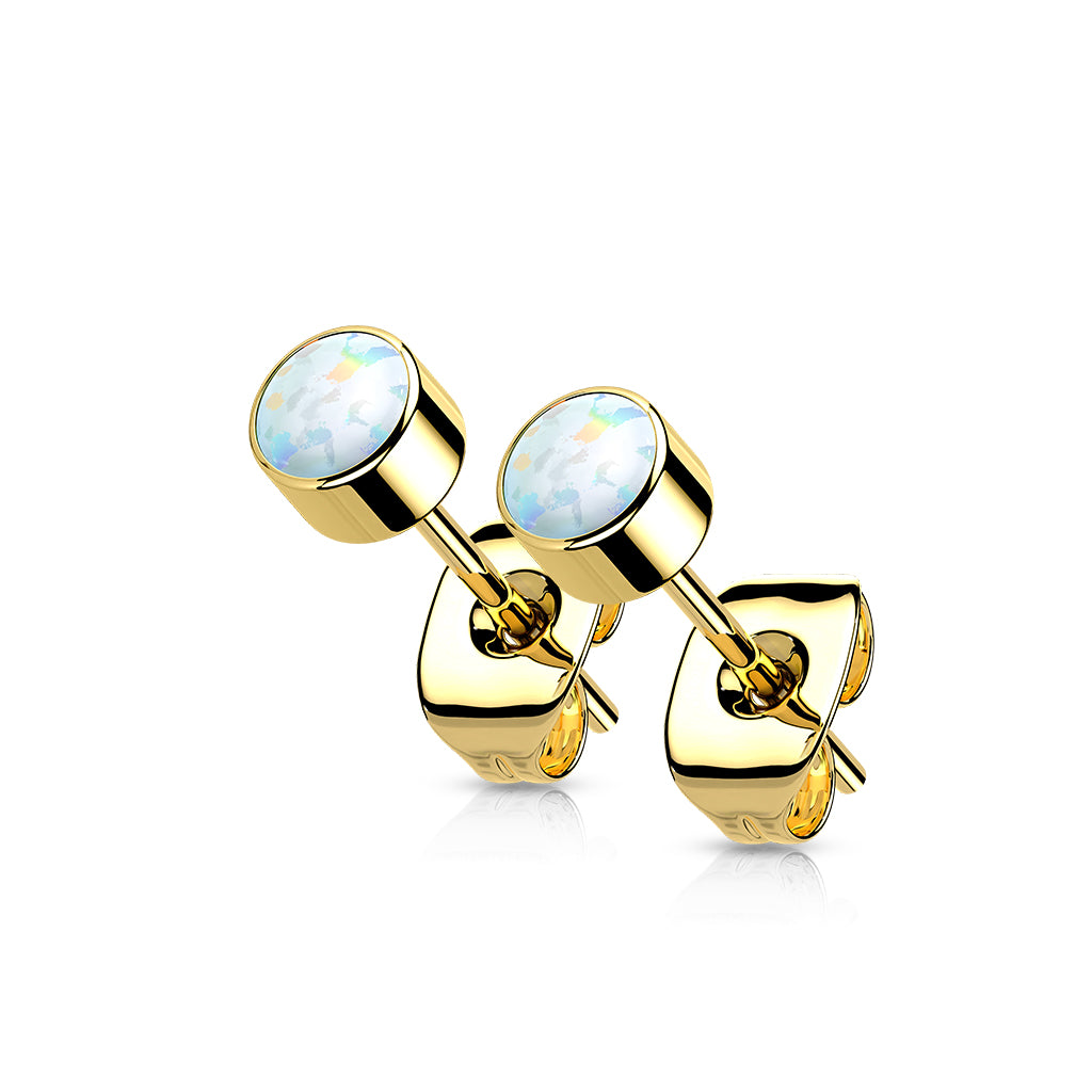 Gold Titanium Bezel Set White Opal Earring Studs