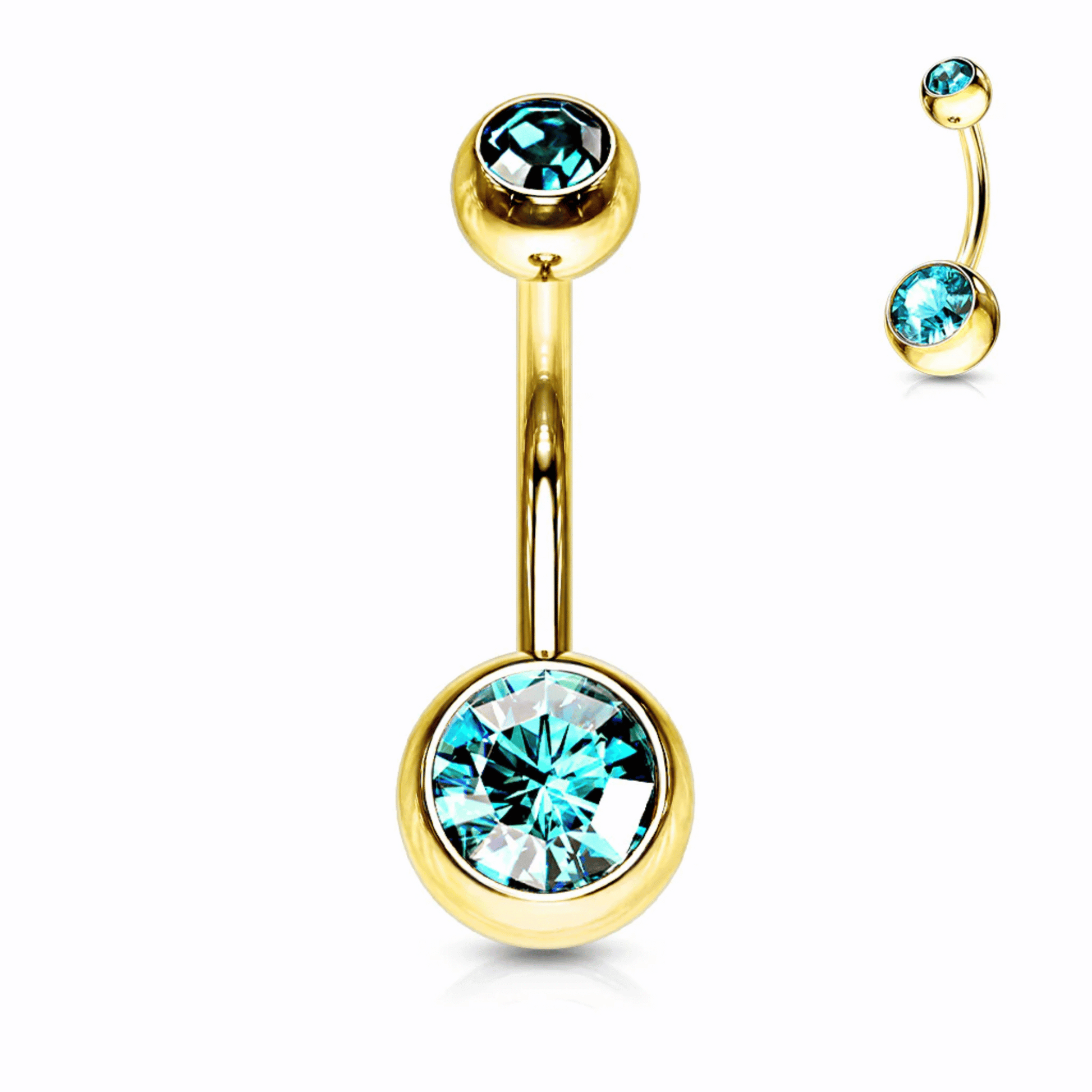 Gold Titanium IP Double Aqua Blue Gem Belly Button Bar