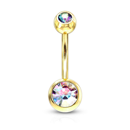 Gold Titanium IP Double Aurora Borealis Gem Belly Button Bar