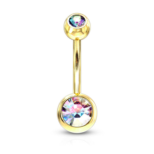 Gold Titanium IP Double Aurora Borealis Gem Belly Button Bar