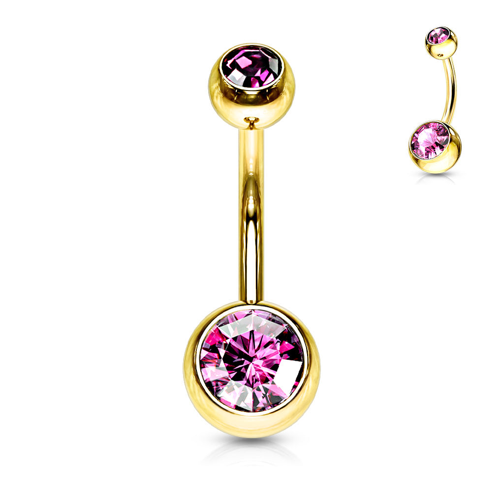 Gold Titanium IP Double Sweet Pink Gem Belly Button Bar