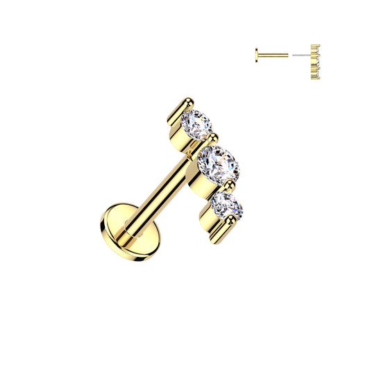 Gold Triple Gem Threadless Flat Back Stud 20g-16g