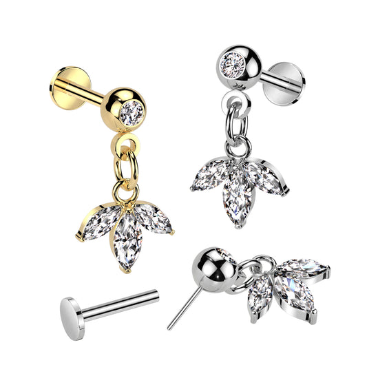 Gold or Silver Marquise Gem Dangle Threadless Flat Back Stud